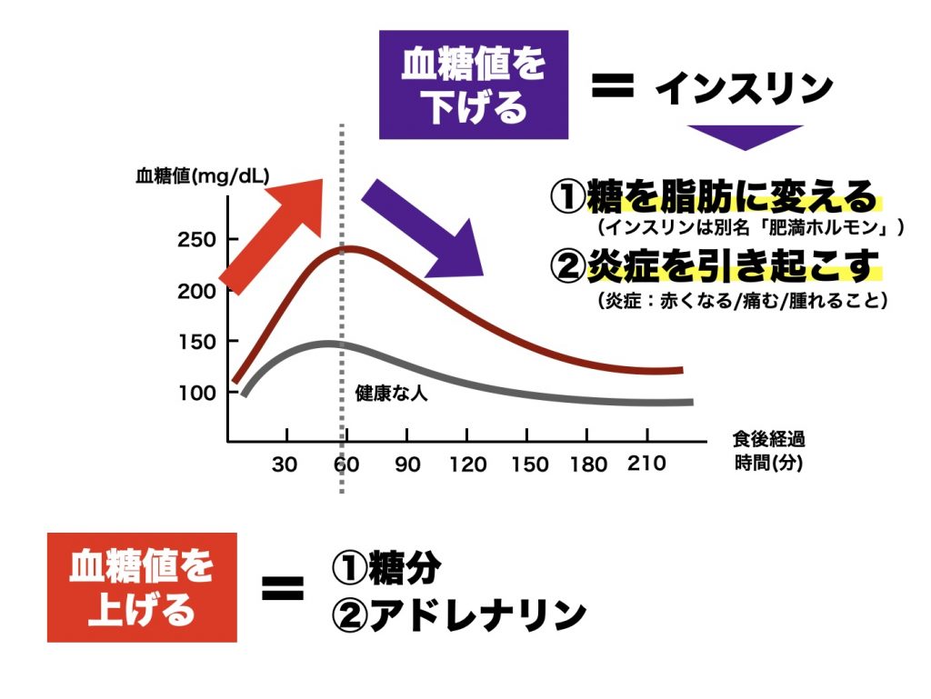 血糖値を下げるために分泌されるインスリンが糖を脂肪に変える働きがあって太りやすい原因になることを説明している図